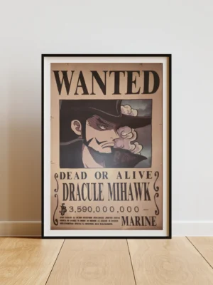 Mihawk Affiche Wanted Dracule Mihawk Œil de Faucon 3,59 milliards ฿ - One Piece format A3 papier vieilli