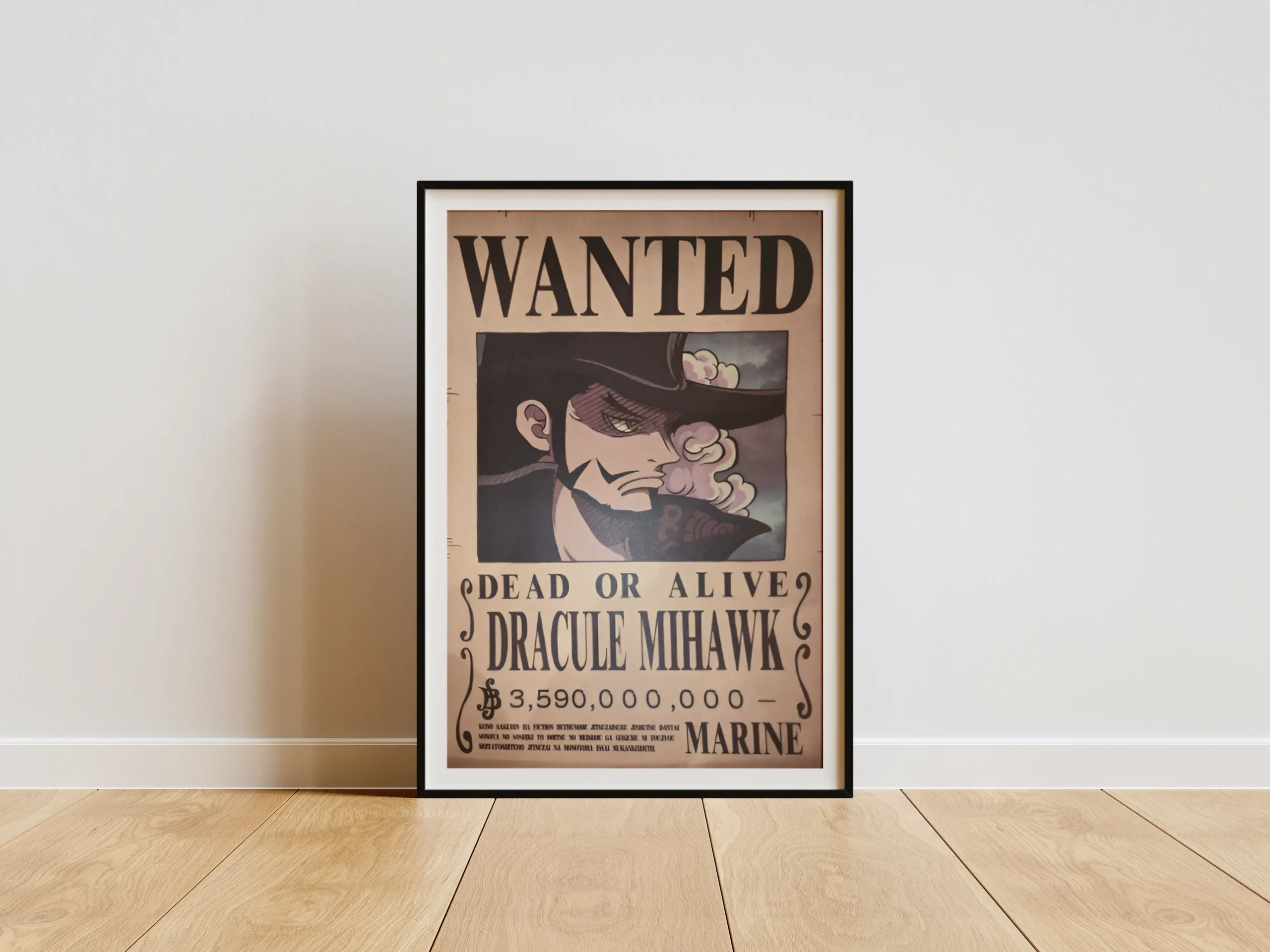 Affiche Wanted Dracule Mihawk Œil de Faucon 3,59 milliards ฿ - One Piece format A3 papier vieilli