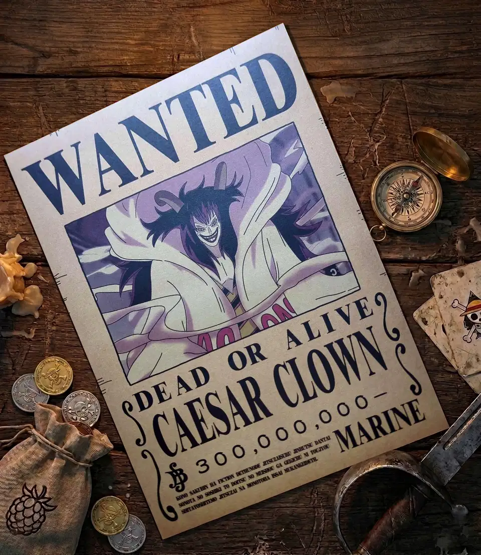 Caesar_clown_pirate Affiche Wanted Caesar Clown - One Piece format A3 papier vieilli