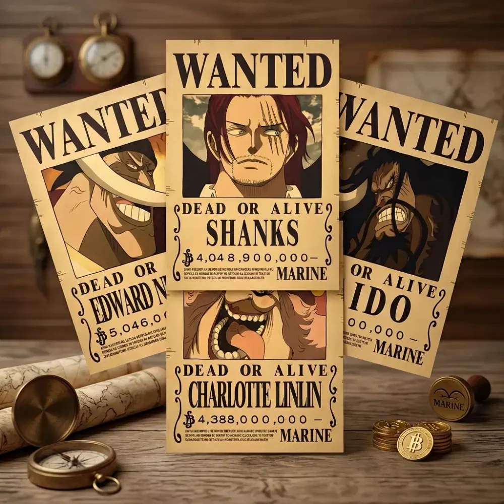 Lot_Anciens_Yonko Pack Anciens Yonkos barbe blanche, Shanks, Kaido, Big mom format A3 papier vieilli - Wanted Store One Piece