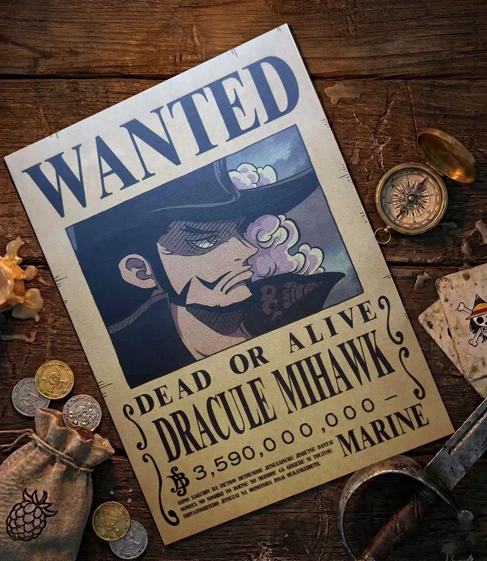 Mihawk_pirate Affiche Wanted Mihawk - One Piece format A3 papier vieilli